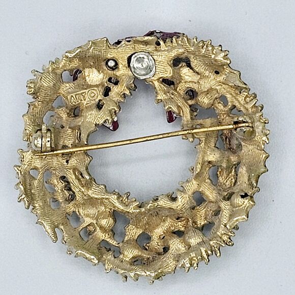 ART Christmas Wreath Brooch Vintage Enamel Signed Holiday Arthur Pepper Jewelry - Picture 10 of 11